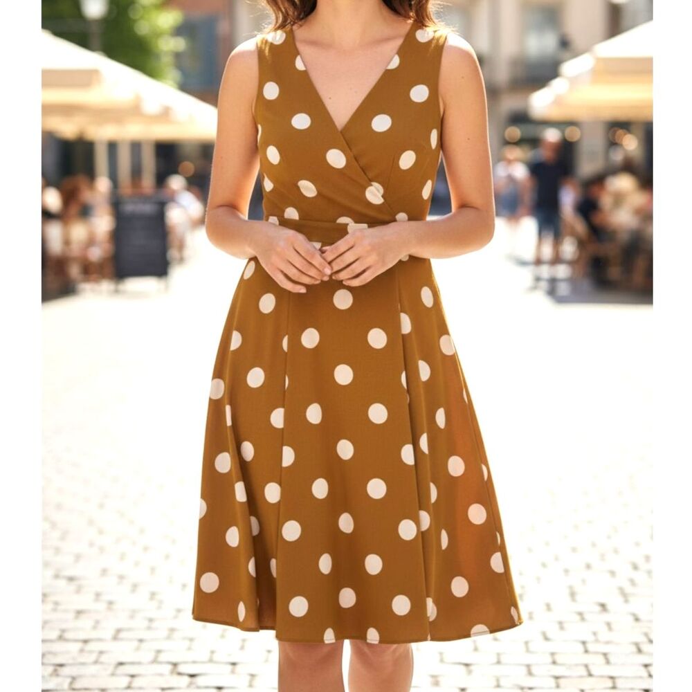 Liz Claiborne Mustard Polka Dot Belted Midi Dress Size 6 Garden Party Date Night